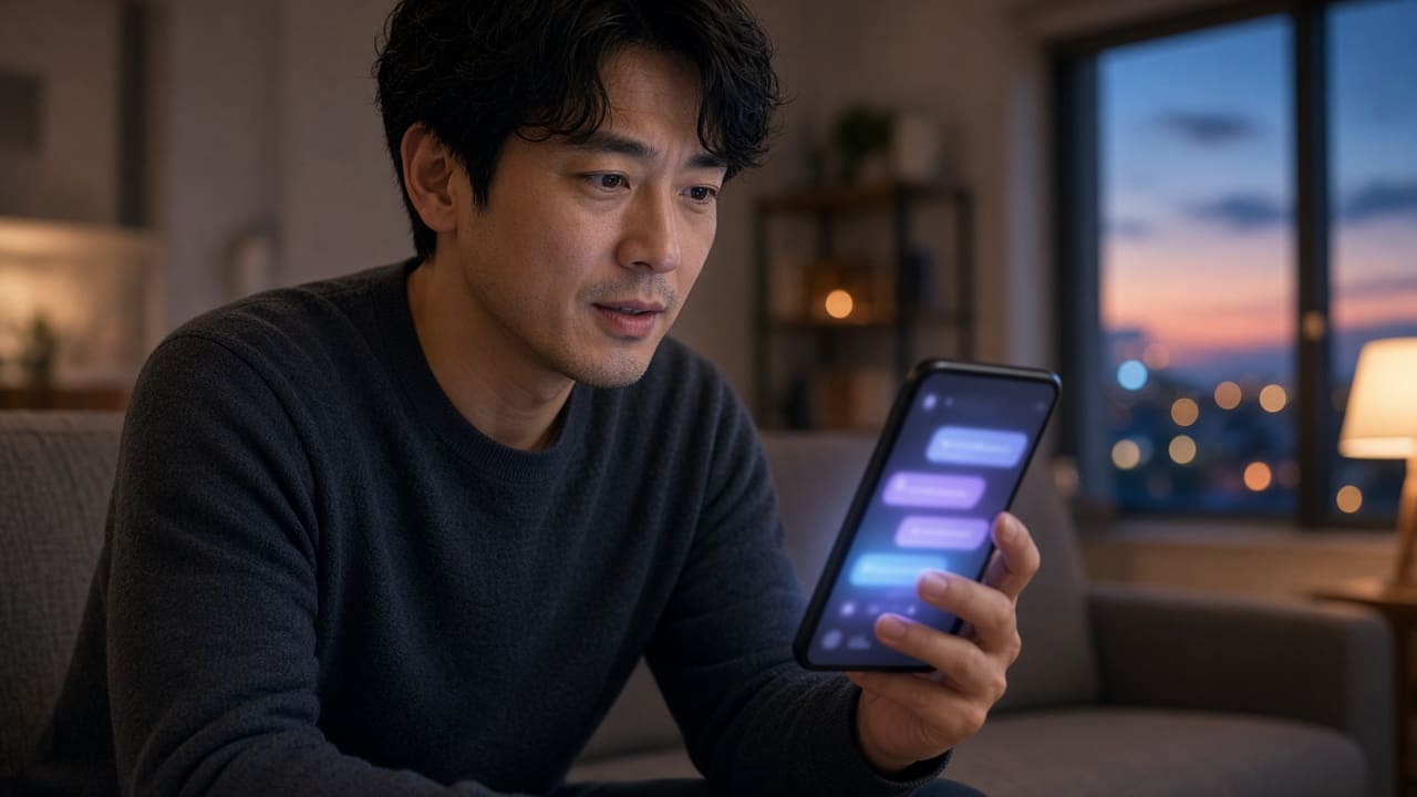 スマートフォンのAIチャットに質問する男性