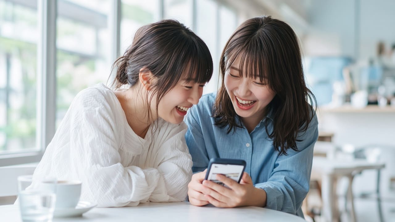 SNSを見て笑顔になる二人の女性